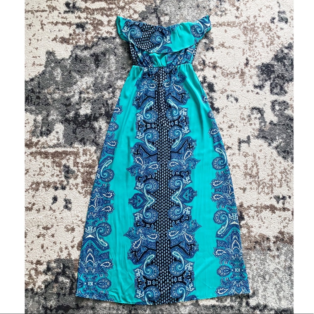 Rhapsodielle From Filly Flair Turquoise Paisley Strapless Maxi Dress Size S
